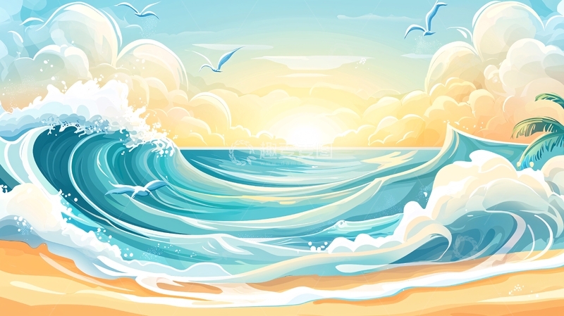 高清大图下载【趣麦麦图】海浪沙滩阳光白云海鸥