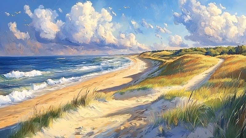 高清大图下载【趣麦麦图】海滩风景油画风格