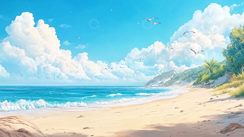高清大图下载【趣麦麦图】蓝天白云下的海滩