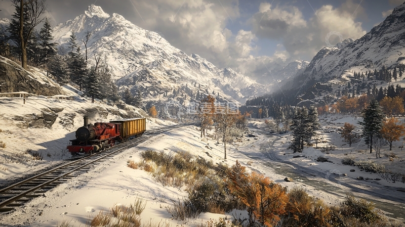 高清大图下载【趣麦麦图】雪山下的火车轨道