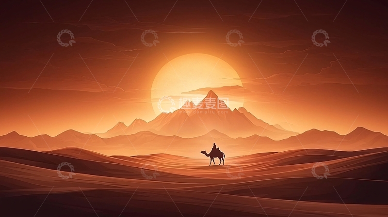 高清大图下载【趣麦麦图】沙漠骆驼剪影日落山脉