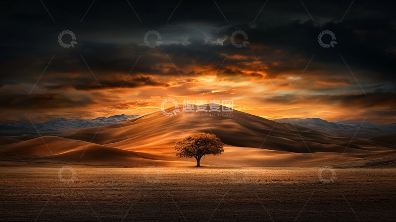 高清大图下载【趣麦麦图】孤树在金色沙丘上