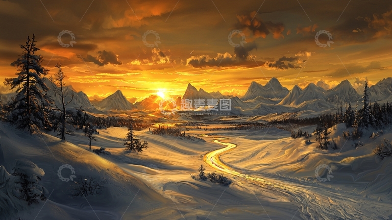高清大图下载【趣麦麦图】日落雪山下的河流