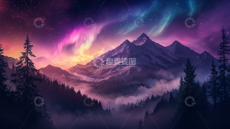 高清大图下载【趣麦麦图】极光下的山峰美景