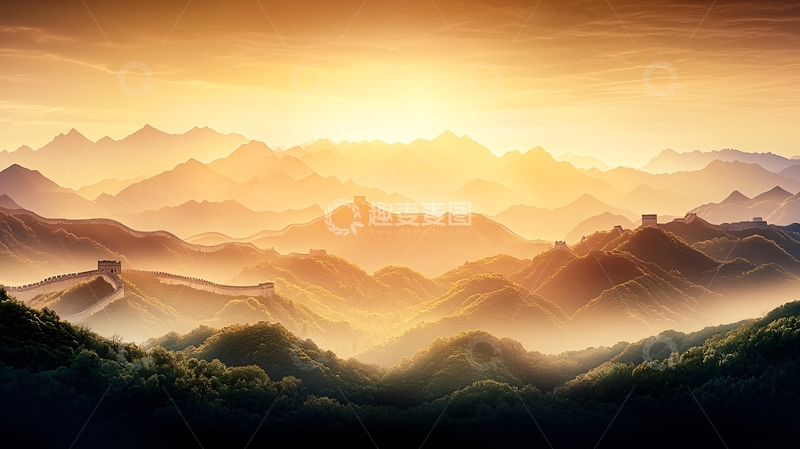 高清大图下载【趣麦麦图】夕阳下的长城和山脉