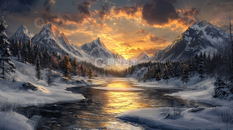 高清大图下载【趣麦麦图】雪山河流日出