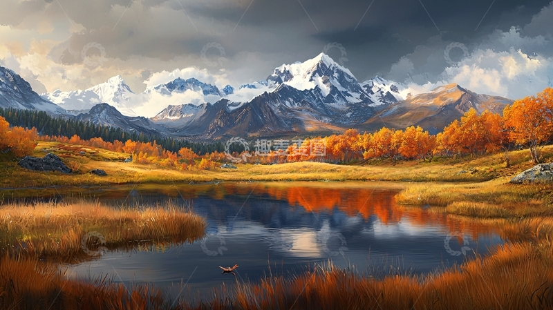 高清大图下载【趣麦麦图】秋季雪山湖泊倒影