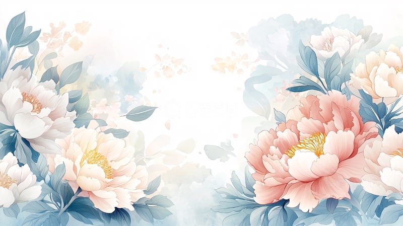 高清大图下载【趣麦麦图】淡雅水彩风牡丹花背景