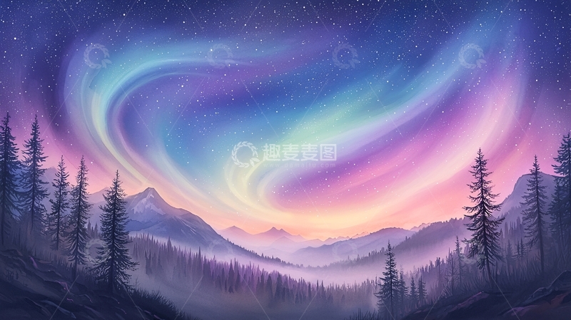 高清大图下载【趣麦麦图】绚丽极光下的针叶林