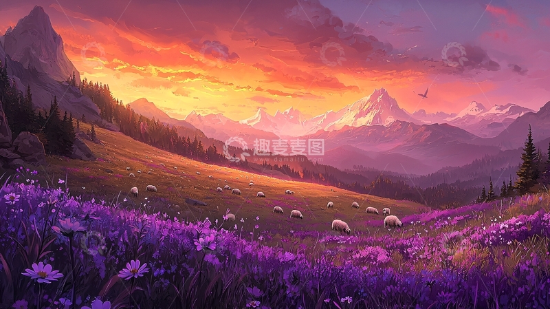 高清大图下载【趣麦麦图】紫色花海下的日落山景