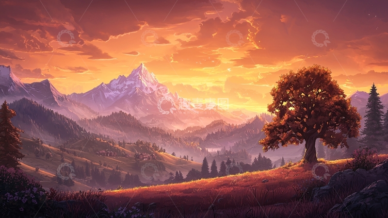 高清大图下载【趣麦麦图】金色夕阳下的山脉景色