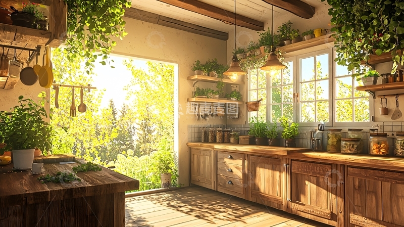 高清大图下载【趣麦麦图】明媚阳光照耀的绿色厨房