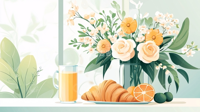 高清大图下载【趣麦麦图】窗边早餐鲜花静物