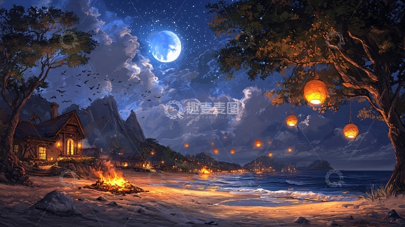 高清大图下载【趣麦麦图】夜晚海滩篝火灯笼
