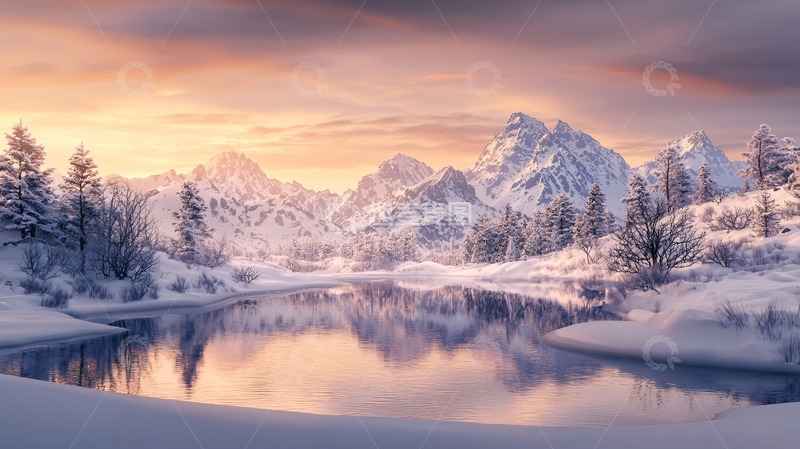 高清大图下载【趣麦麦图】宁静雪山湖泊日出