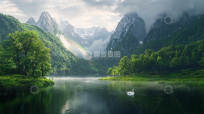 高清大图下载【趣麦麦图】宁静湖面山峦叠嶂