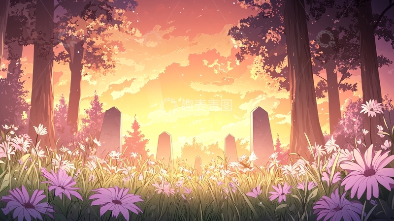 高清大图下载【趣麦麦图】森林日落墓地
