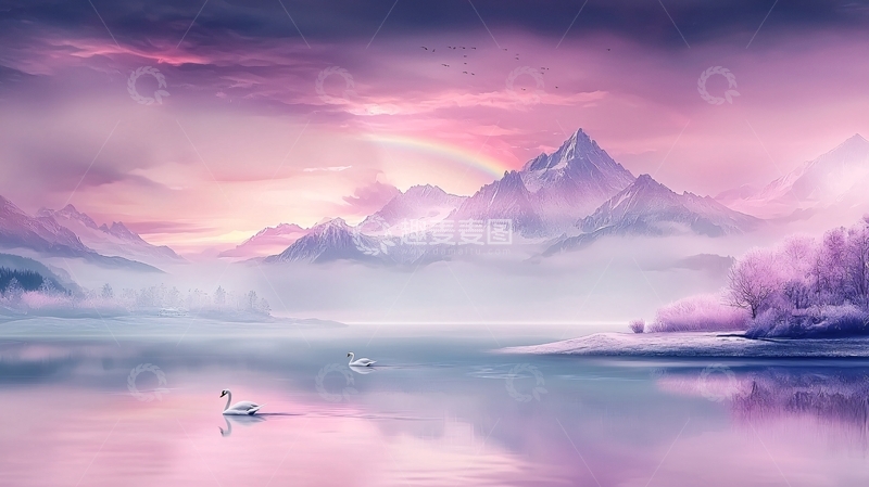 高清大图下载【趣麦麦图】水面山峦笼罩在柔和的粉紫色雾气中