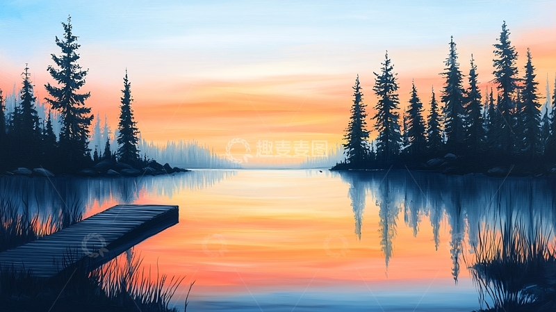 高清大图下载【趣麦麦图】宁静湖面日落森林倒影