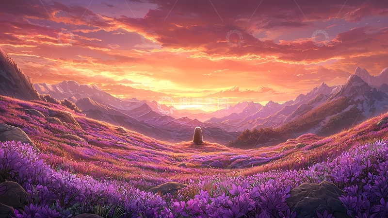 高清大图下载【趣麦麦图】紫色花海中的山脉日落