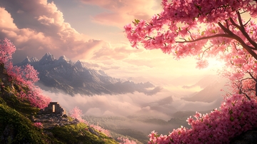 粉色花树下的山间小屋