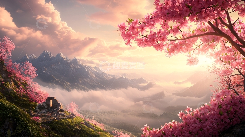 高清大图下载【趣麦麦图】粉色花树下的山间小屋