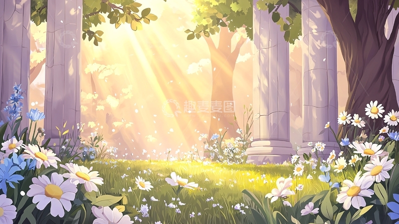 高清大图下载【趣麦麦图】阳光穿过树林照亮花丛