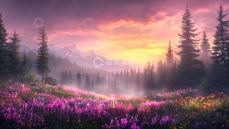 高清大图下载【趣麦麦图】紫粉色天空下的森林