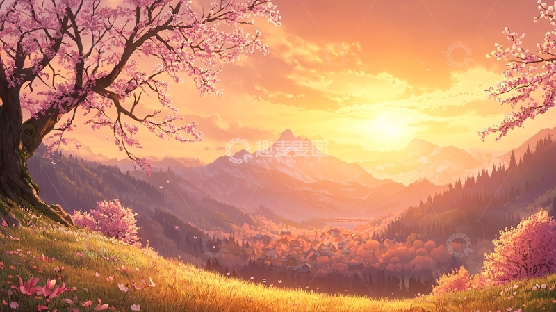 高清大图下载【趣麦麦图】粉色天空下的山景