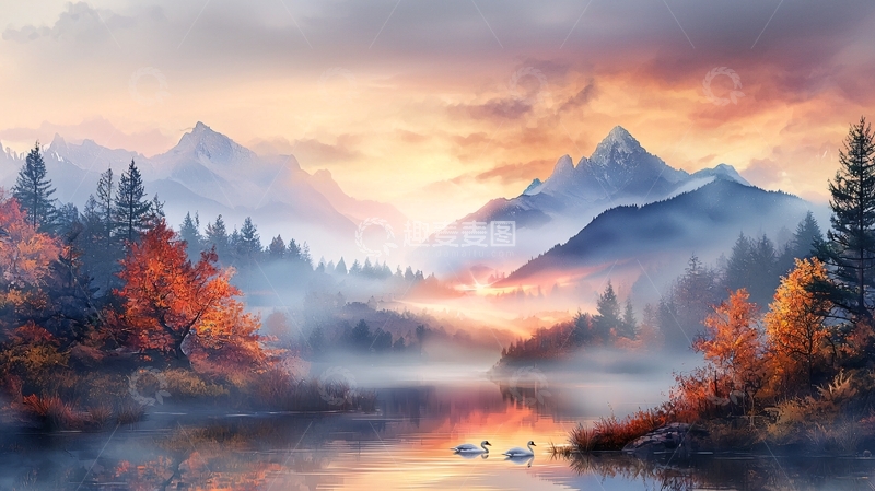 高清大图下载【趣麦麦图】宁静湖面山景油画