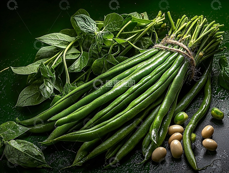 高清大图下载【趣麦麦图】绿叶蔬菜与豆类并排摆放