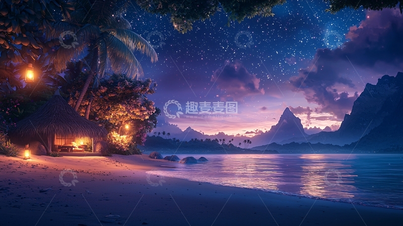 高清大图下载【趣麦麦图】星空下的海边小屋