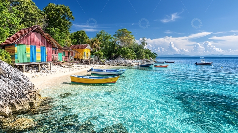 高清大图下载【趣麦麦图】热带海滩上的彩色小屋