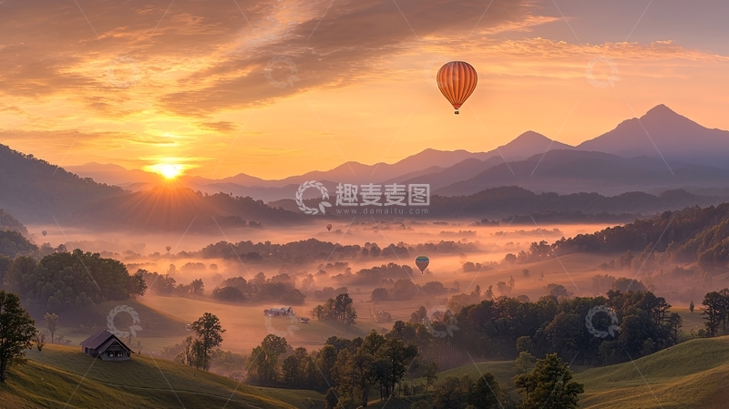 高清大图下载【趣麦麦图】日出时分的山谷热气球
