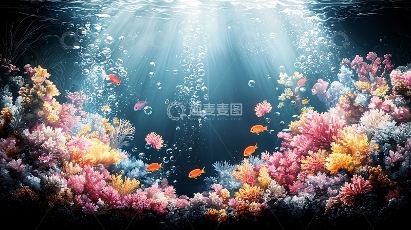 高清大图下载【趣麦麦图】海底珊瑚礁阳光洒落