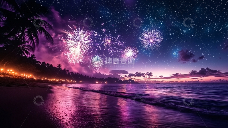高清大图下载【趣麦麦图】海滩烟花夜景
