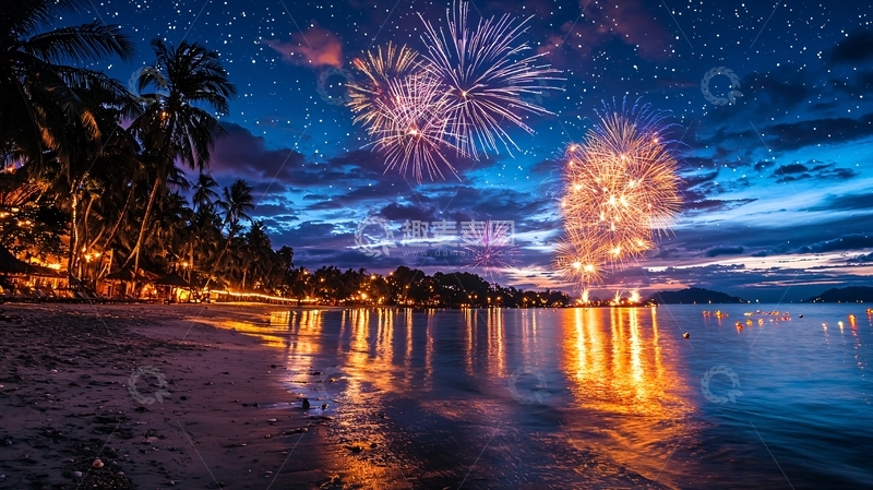 高清大图下载【趣麦麦图】夜空下的海滩烟花