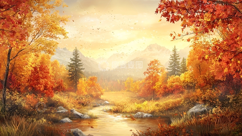 高清大图下载【趣麦麦图】秋日森林河流风景油画