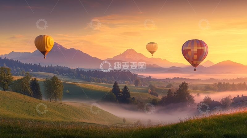 高清大图下载【趣麦麦图】热气球飞过山峦