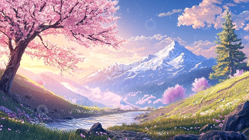 高清大图下载【趣麦麦图】春日山谷樱花盛开的唯美风景