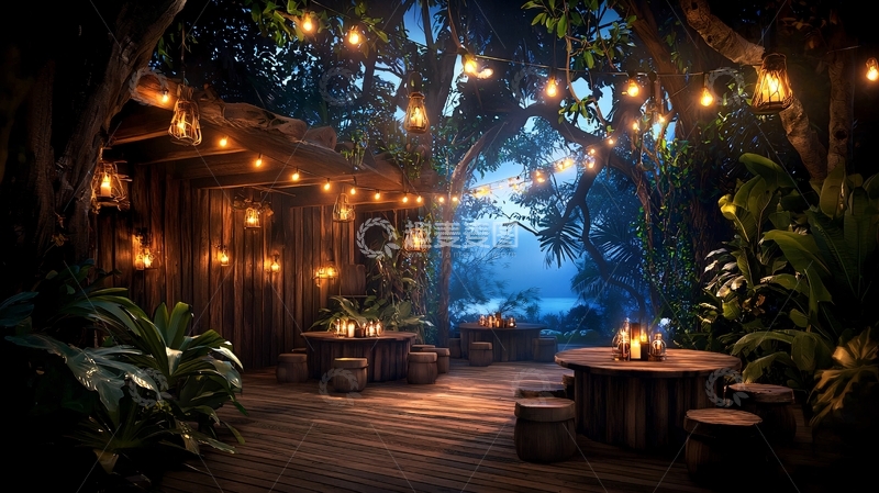 高清大图下载【趣麦麦图】灯光点缀的森林餐厅