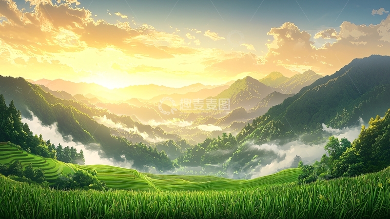 高清大图下载【趣麦麦图】金色阳光下的翠绿山谷
