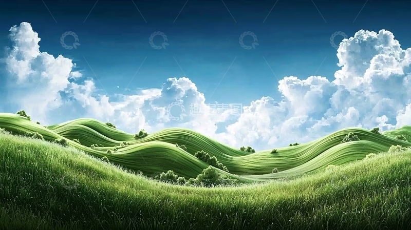 高清大图下载【趣麦麦图】绿色的山丘上空漂浮着白云