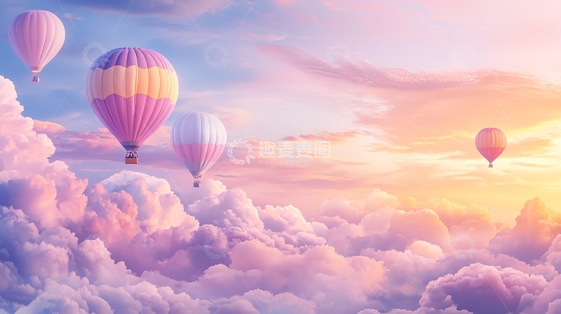 高清大图下载【趣麦麦图】热气球漂浮在粉色云海