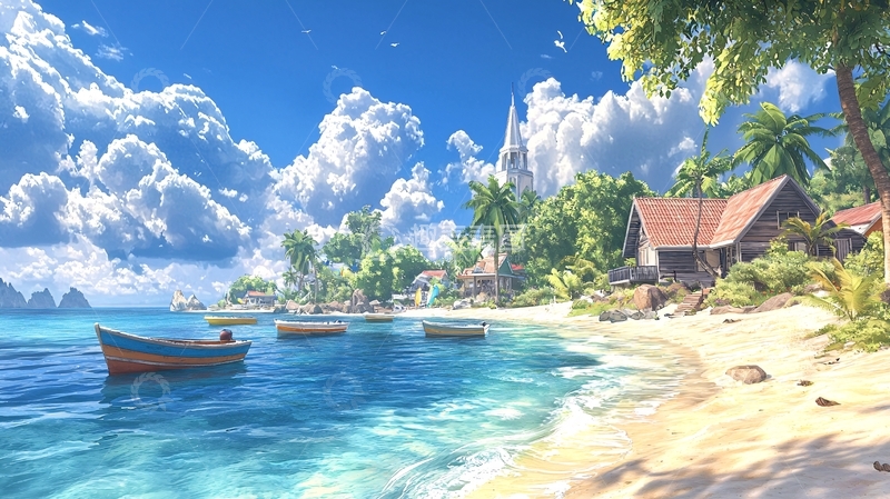 高清大图下载【趣麦麦图】热带海滩蓝天白云