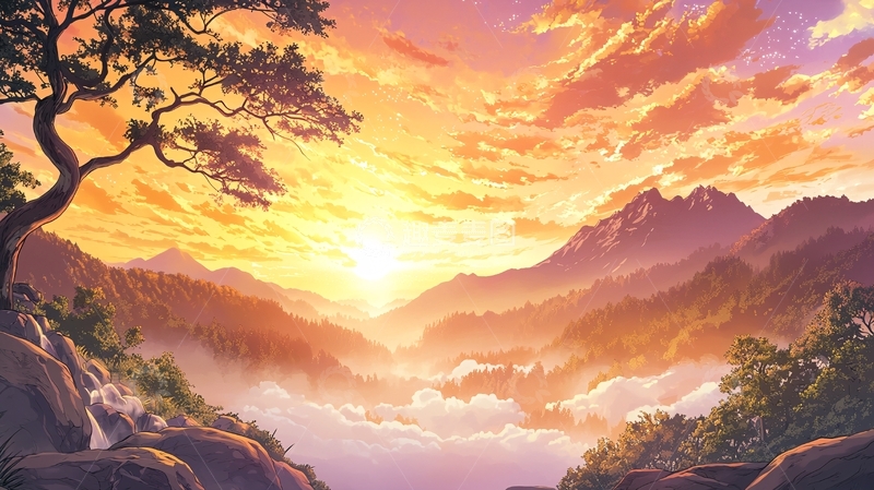 高清大图下载【趣麦麦图】山间日出云霞满天