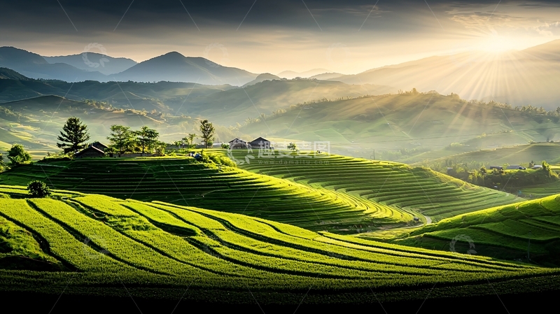 高清大图下载【趣麦麦图】绿色山丘茶园阳光