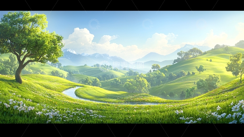 高清大图下载【趣麦麦图】葱郁山间绿地蓝天白云