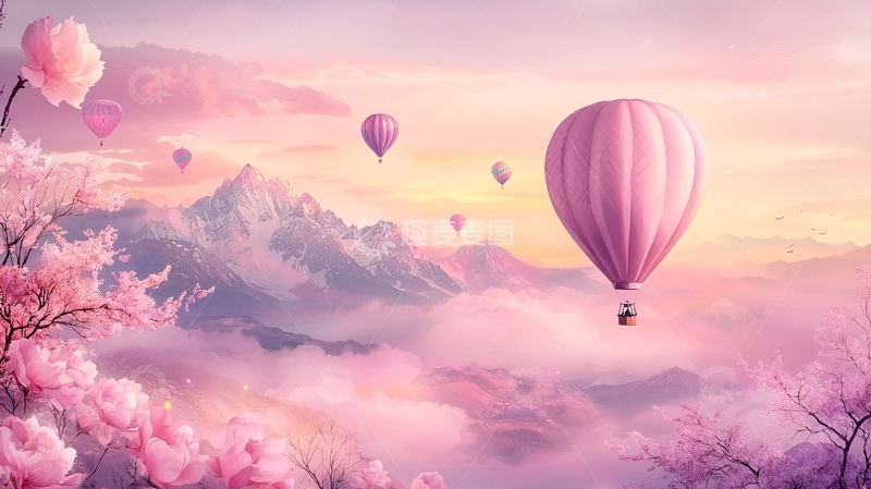 高清大图下载【趣麦麦图】粉色热气球梦幻风景