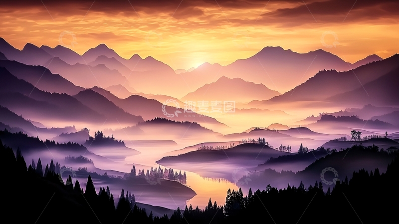 高清大图下载【趣麦麦图】紫色山脉日落的风景